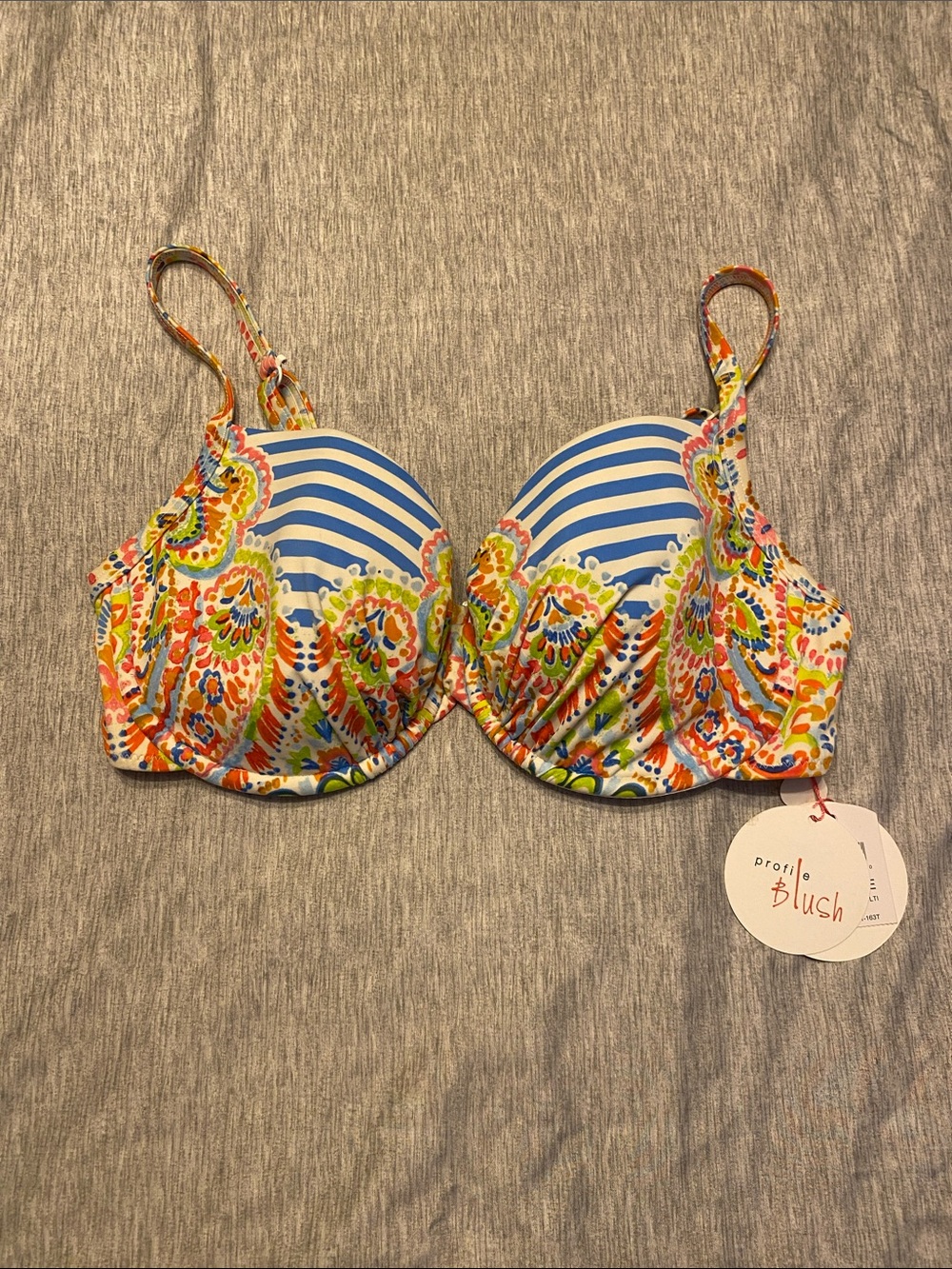 Profile Blush Bikini Top w/ Underwire Sz Lg (DD/E) Striped & Paisley Pattern NWT